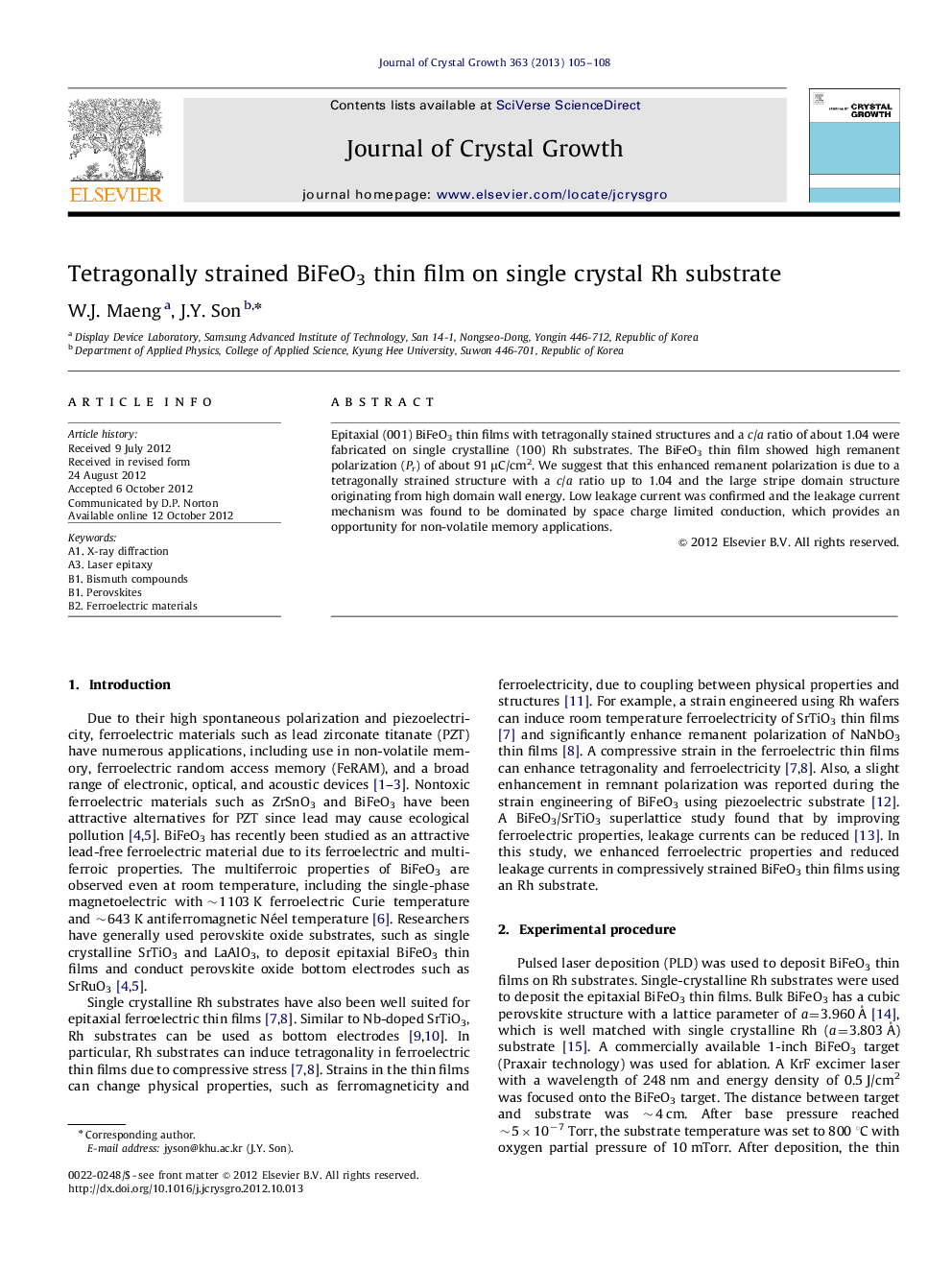 Tetragonally strained BiFeO3 thin film on single crystal Rh substrate