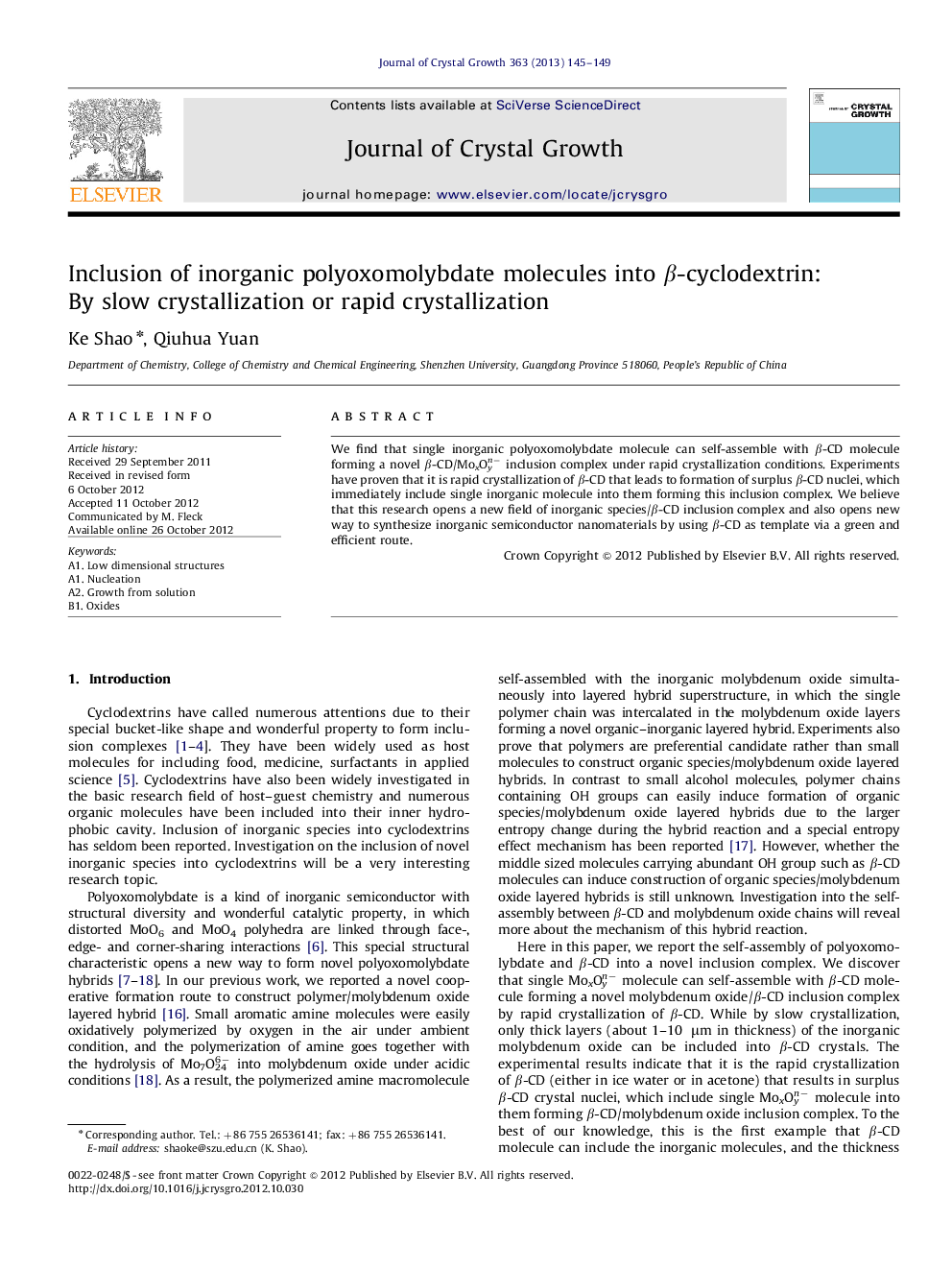 Inclusion of inorganic polyoxomolybdate molecules into β-cyclodextrin: By slow crystallization or rapid crystallization