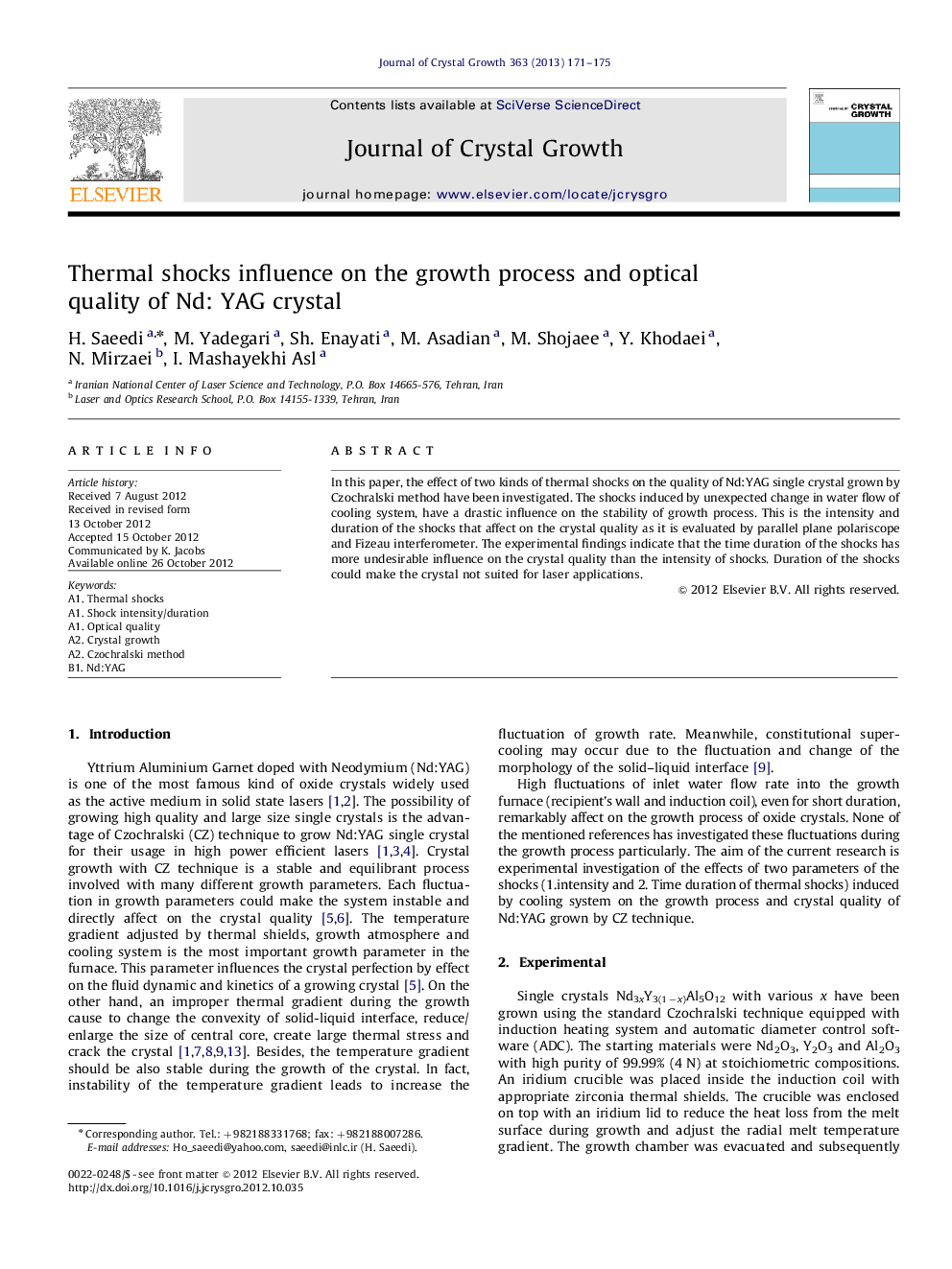 Thermal shocks influence on the growth process and optical quality of Nd: YAG crystal