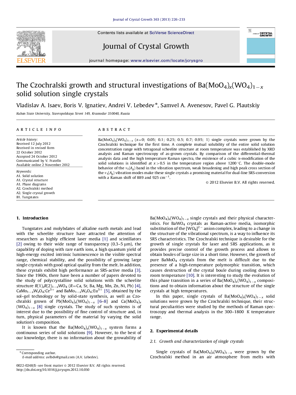 The Czochralski growth and structural investigations of Ba(MoO4)x(WO4)1−x solid solution single crystals