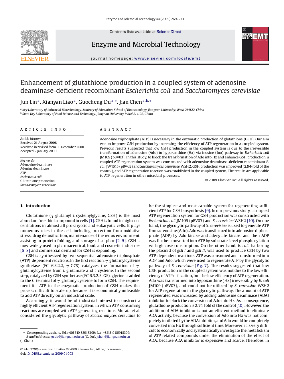 Enhancement of glutathione production in a coupled system of adenosine deaminase-deficient recombinant Escherichia coli and Saccharomyces cerevisiae