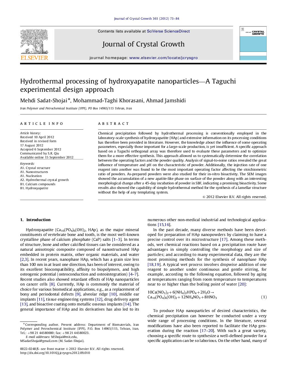 Hydrothermal processing of hydroxyapatite nanoparticles—A Taguchi experimental design approach