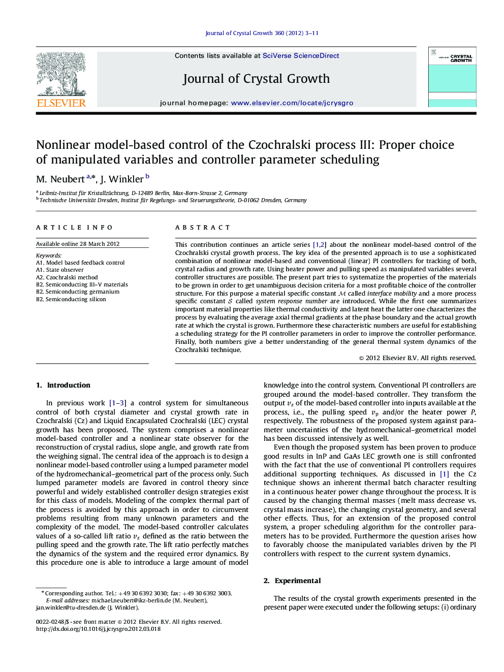 Nonlinear model-based control of the Czochralski process III: Proper choice of manipulated variables and controller parameter scheduling