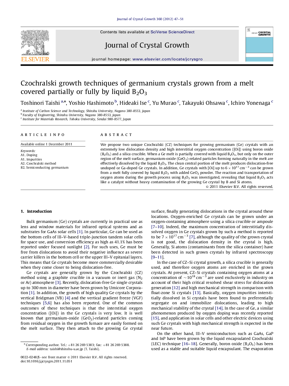 Czochralski growth techniques of germanium crystals grown from a melt covered partially or fully by liquid B2O3