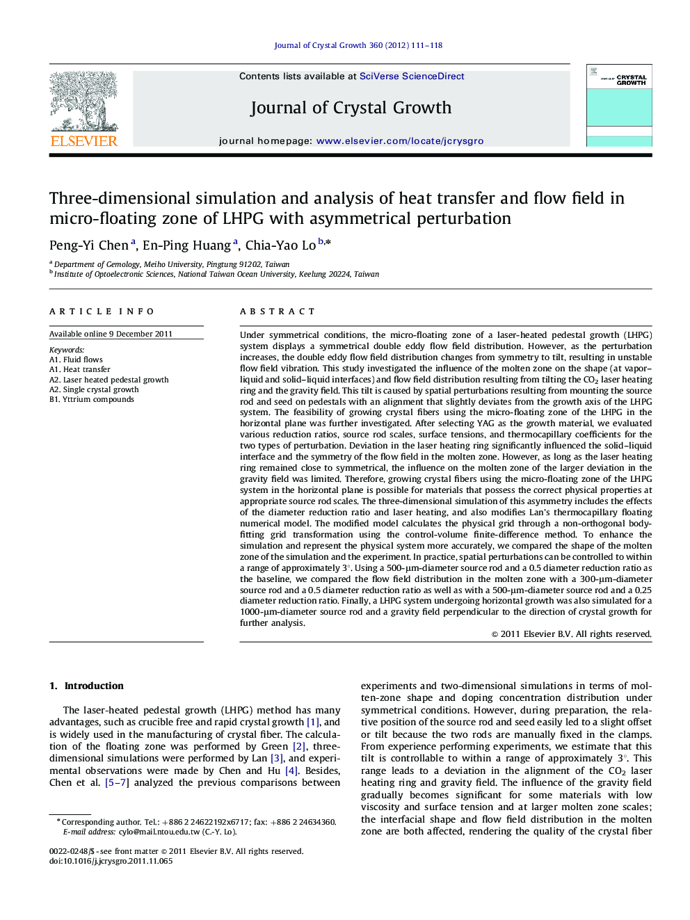 Three-dimensional simulation and analysis of heat transfer and flow field in micro-floating zone of LHPG with asymmetrical perturbation