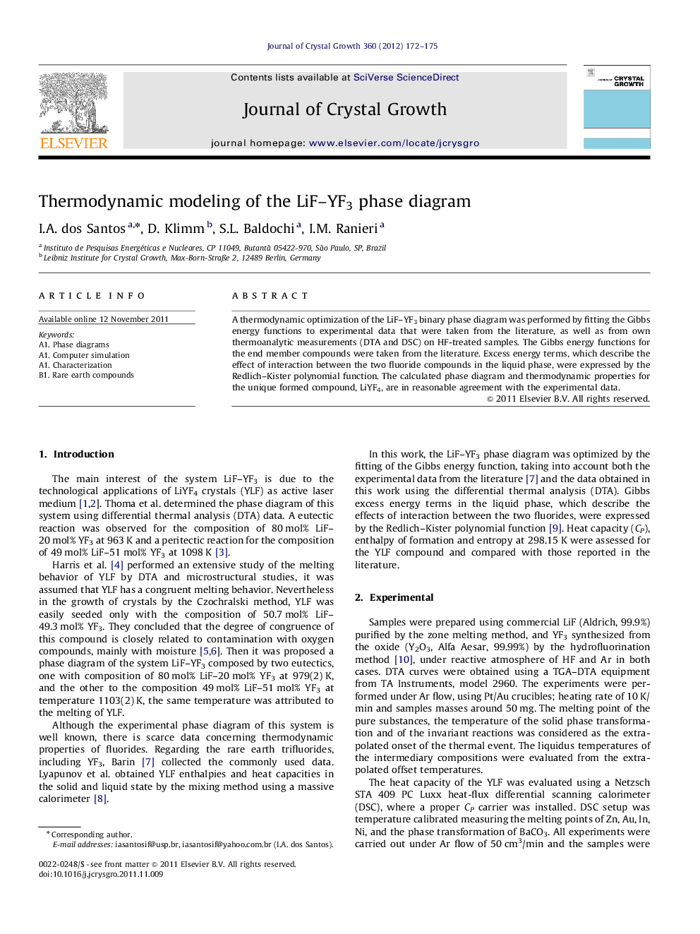 Thermodynamic modeling of the LiF–YF3 phase diagram