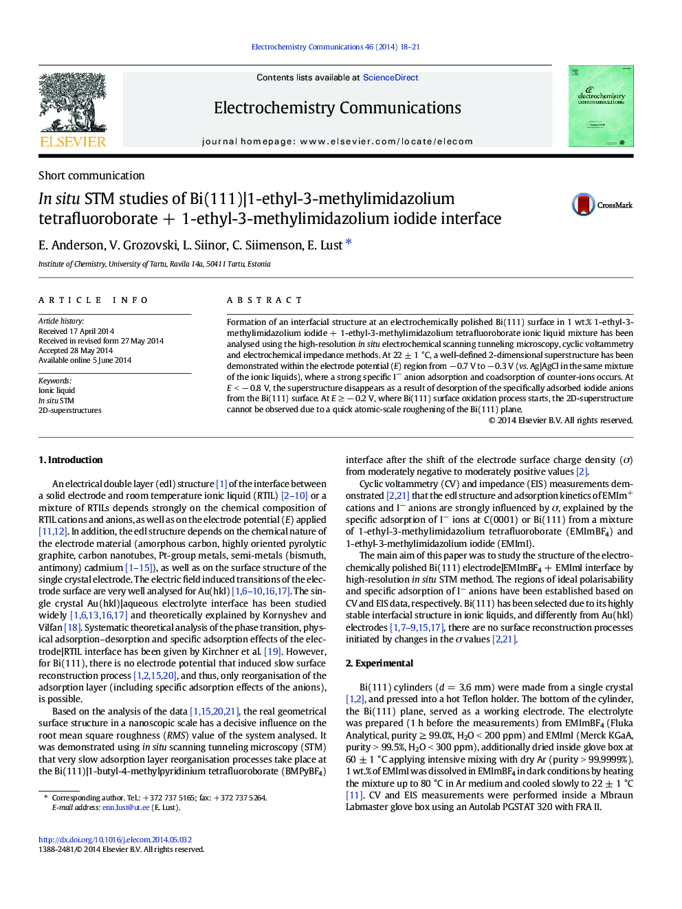 In situ STM studies of Bi(111)|1-ethyl-3-methylimidazolium tetrafluoroborate + 1-ethyl-3-methylimidazolium iodide interface