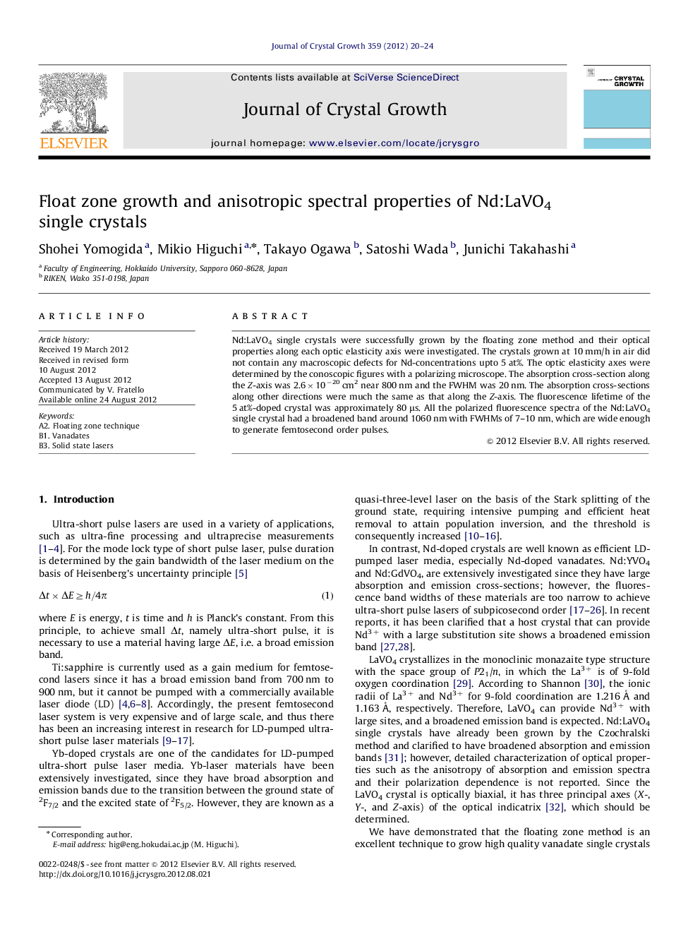 Float zone growth and anisotropic spectral properties of Nd:LaVO4 single crystals