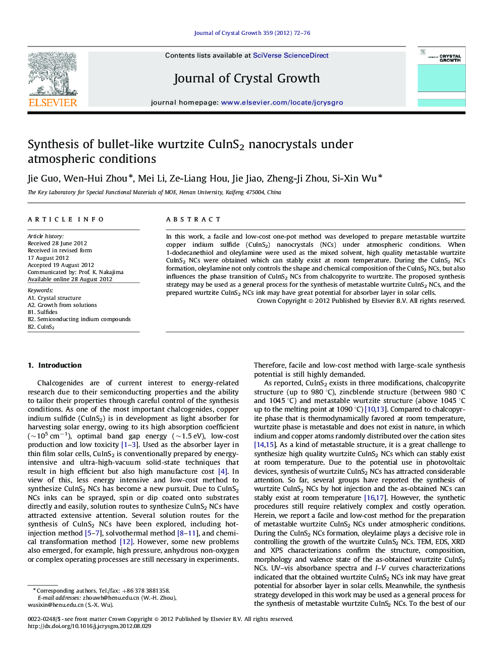 Synthesis of bullet-like wurtzite CuInS2 nanocrystals under atmospheric conditions