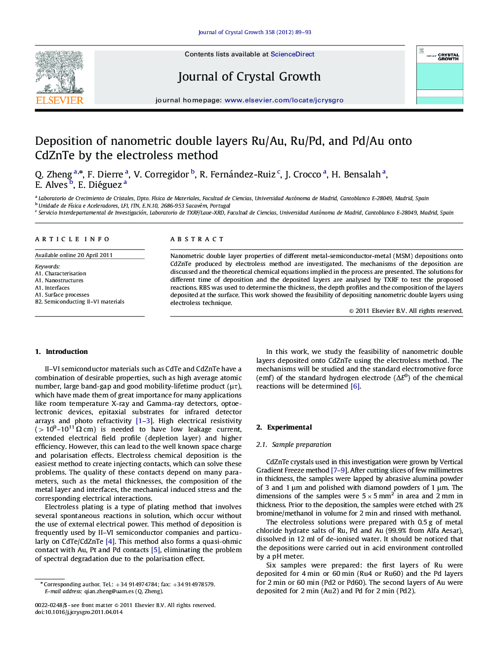 Deposition of nanometric double layers Ru/Au, Ru/Pd, and Pd/Au onto CdZnTe by the electroless method