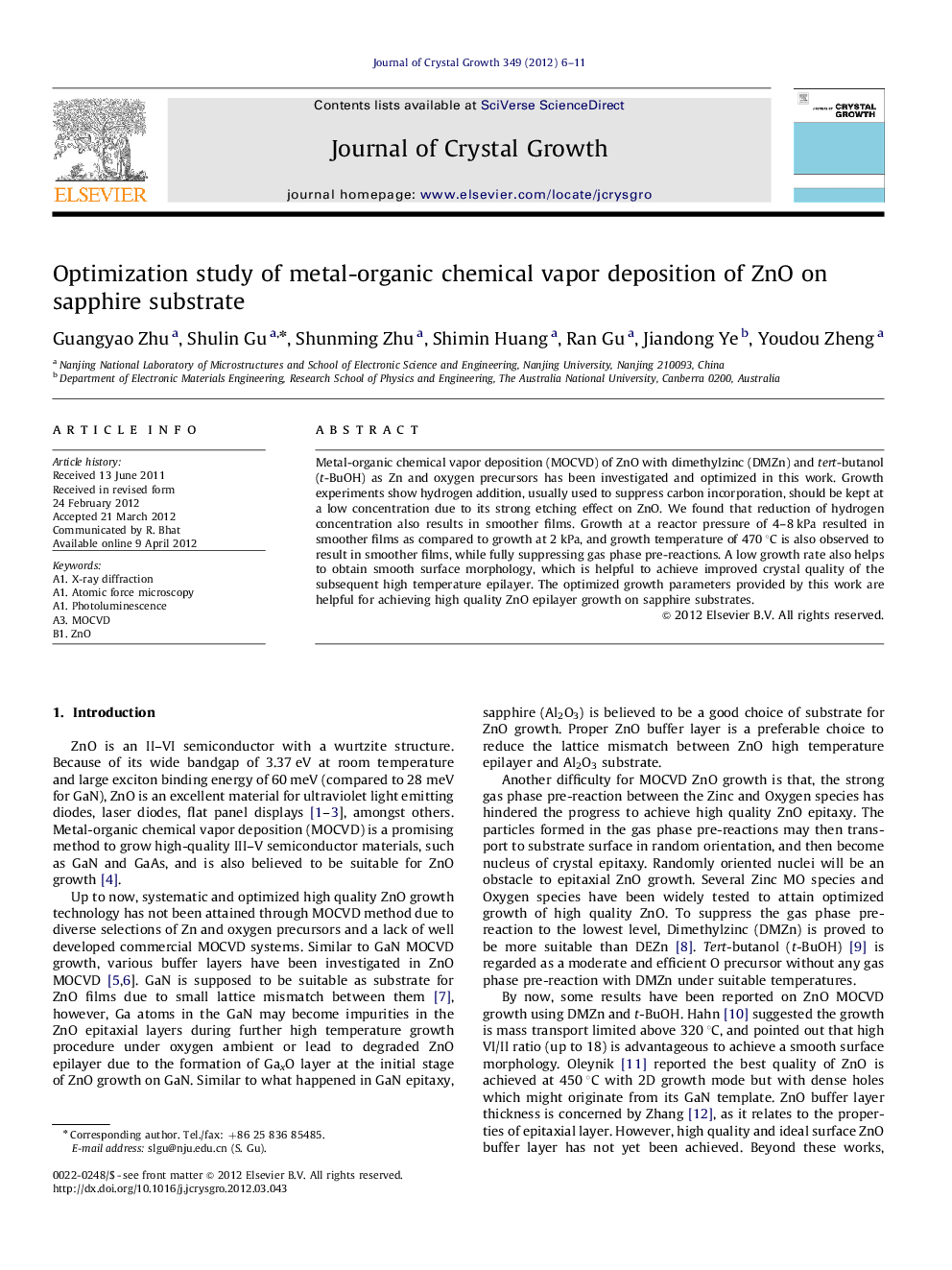 Optimization study of metal-organic chemical vapor deposition of ZnO on sapphire substrate