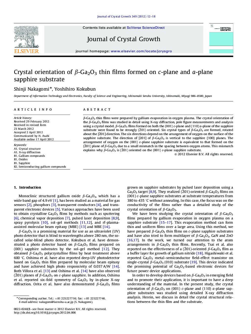 Crystal orientation of β-Ga2O3 thin films formed on c-plane and a-plane sapphire substrate