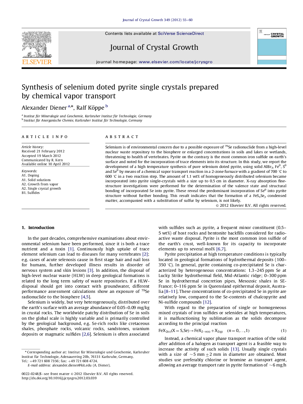 Synthesis of selenium doted pyrite single crystals prepared by chemical vapor transport