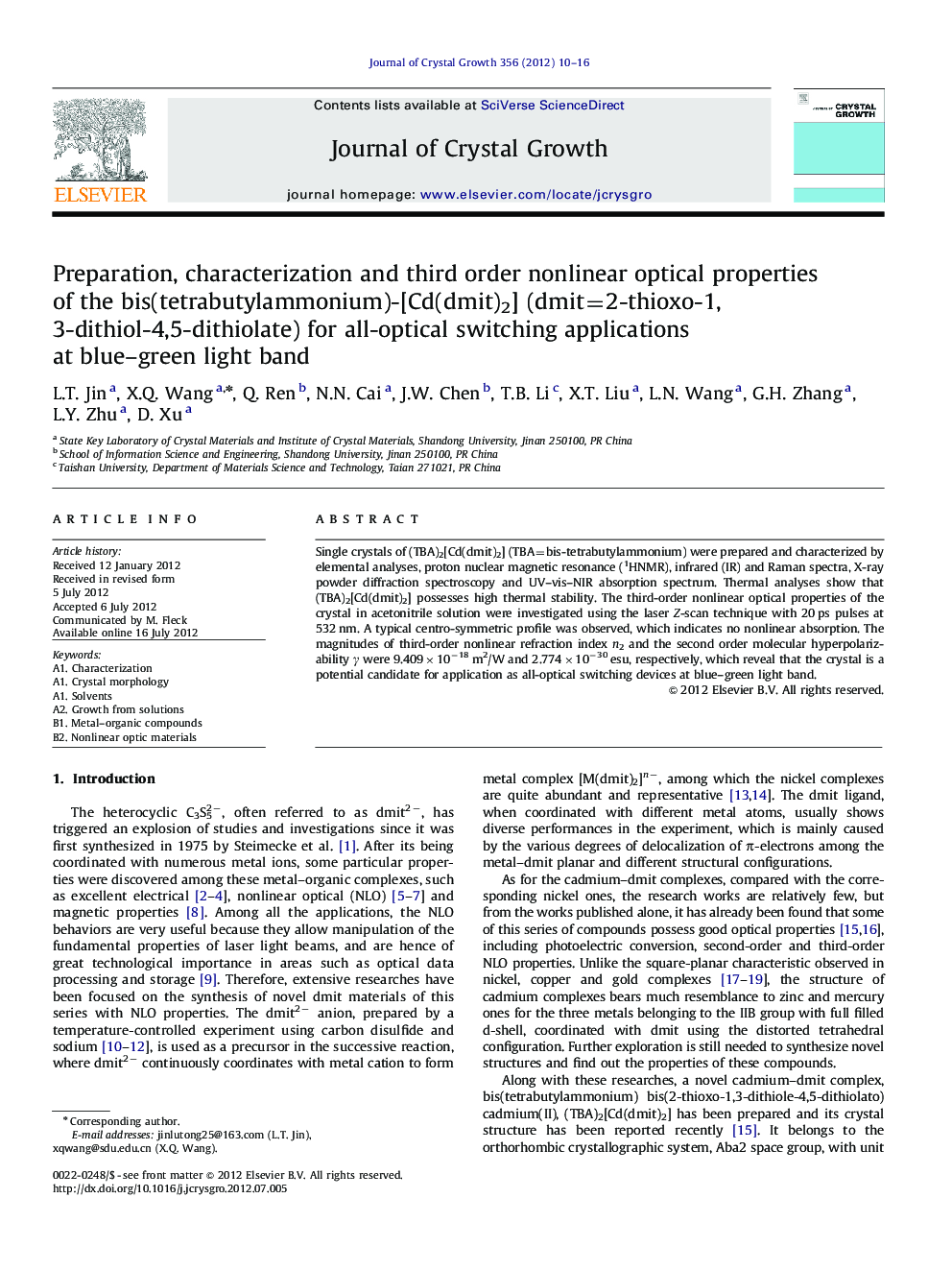 Preparation, characterization and third order nonlinear optical properties of the bis(tetrabutylammonium)-[Cd(dmit)2] (dmit=2-thioxo-1,3-dithiol-4,5-dithiolate) for all-optical switching applications at blue-green light band