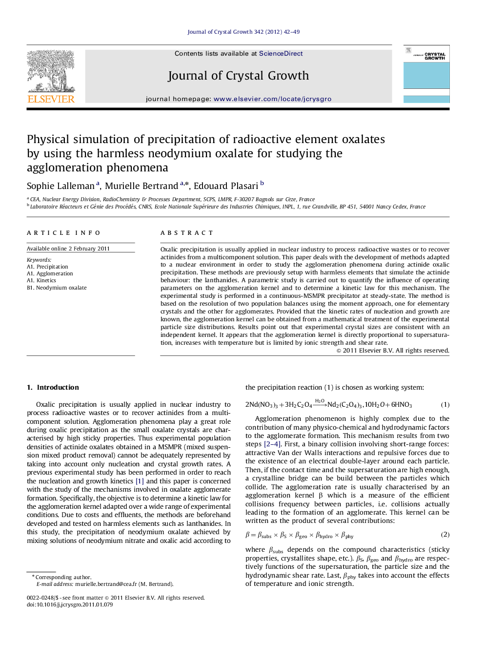 Physical simulation of precipitation of radioactive element oxalates by using the harmless neodymium oxalate for studying the agglomeration phenomena