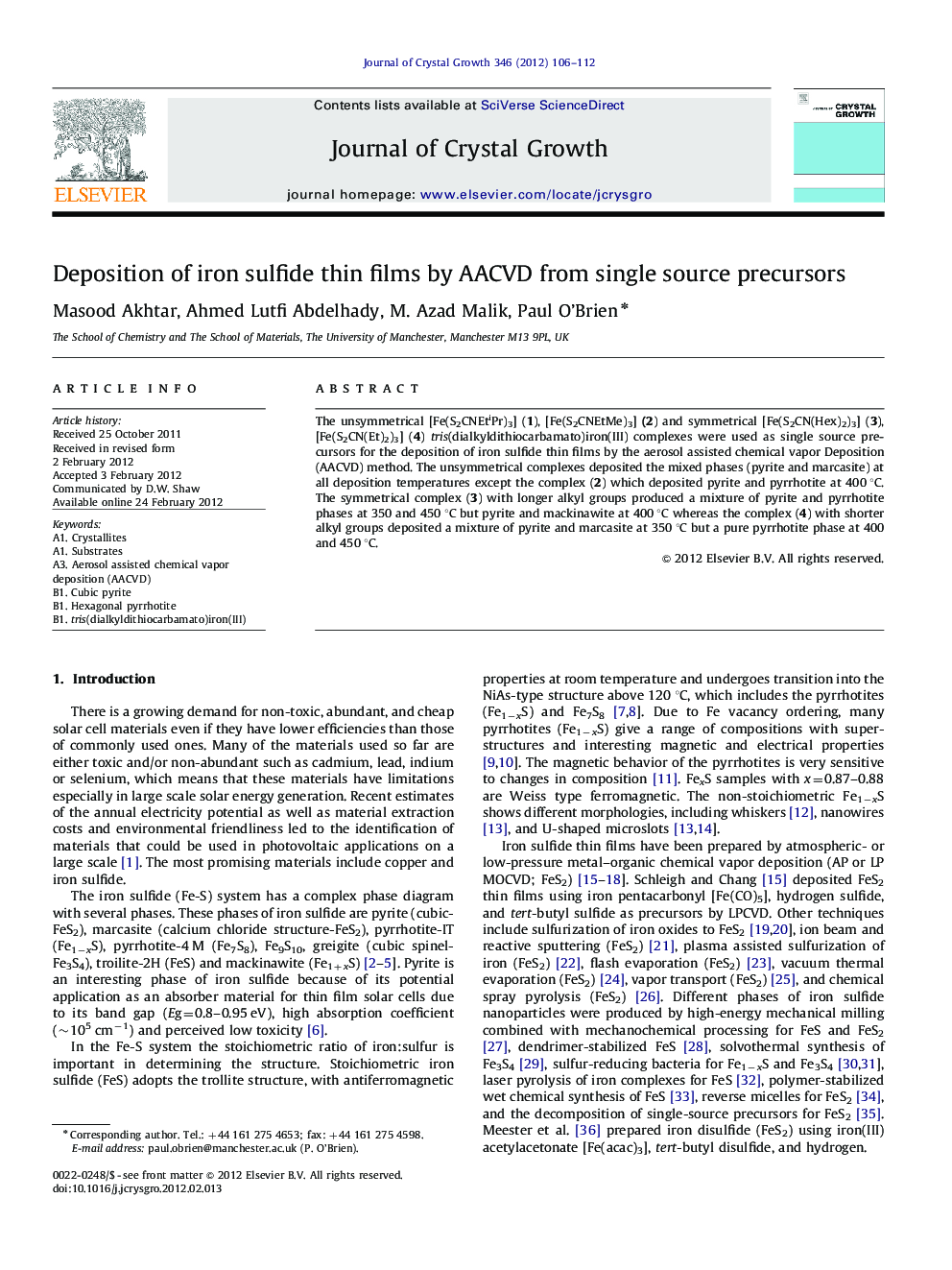 Deposition of iron sulfide thin films by AACVD from single source precursors