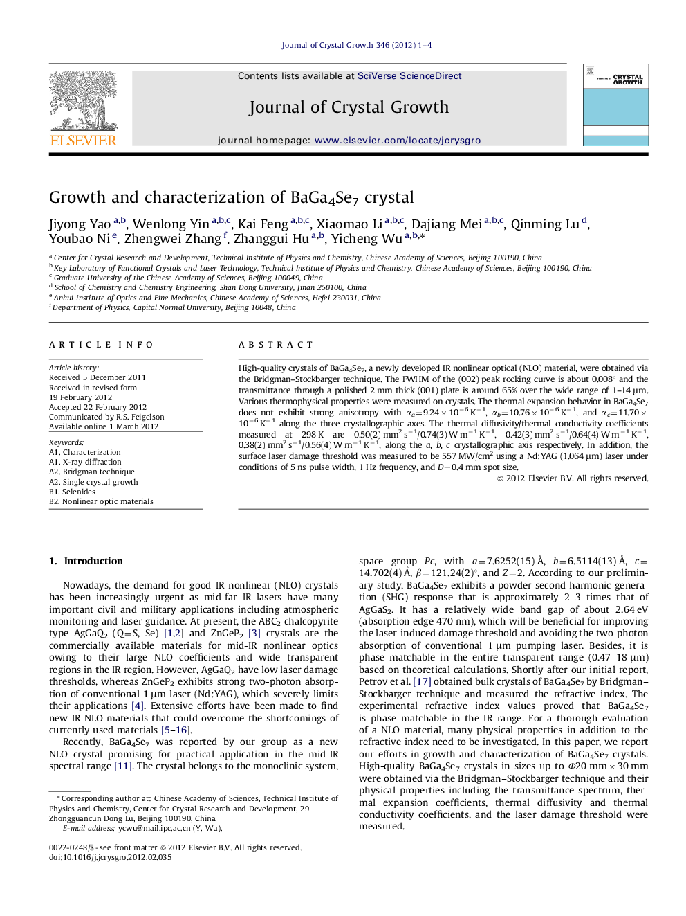 Growth and characterization of BaGa4Se7 crystal