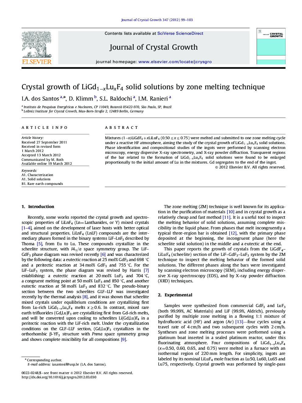 Crystal growth of LiGd1âxLuxF4 solid solutions by zone melting technique