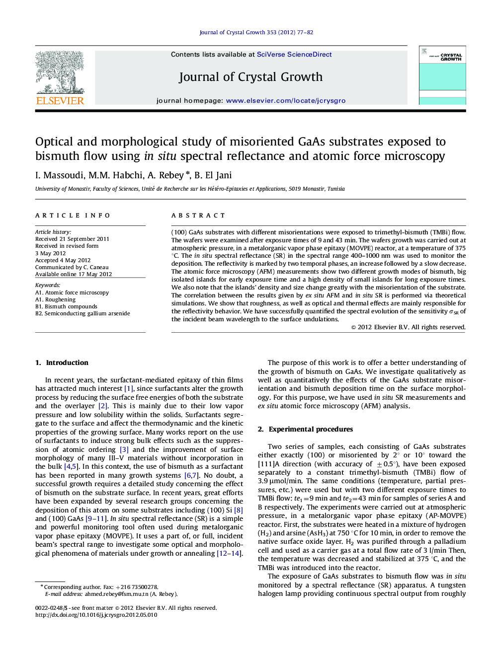 Optical and morphological study of misoriented GaAs substrates exposed to bismuth flow using in situ spectral reflectance and atomic force microscopy