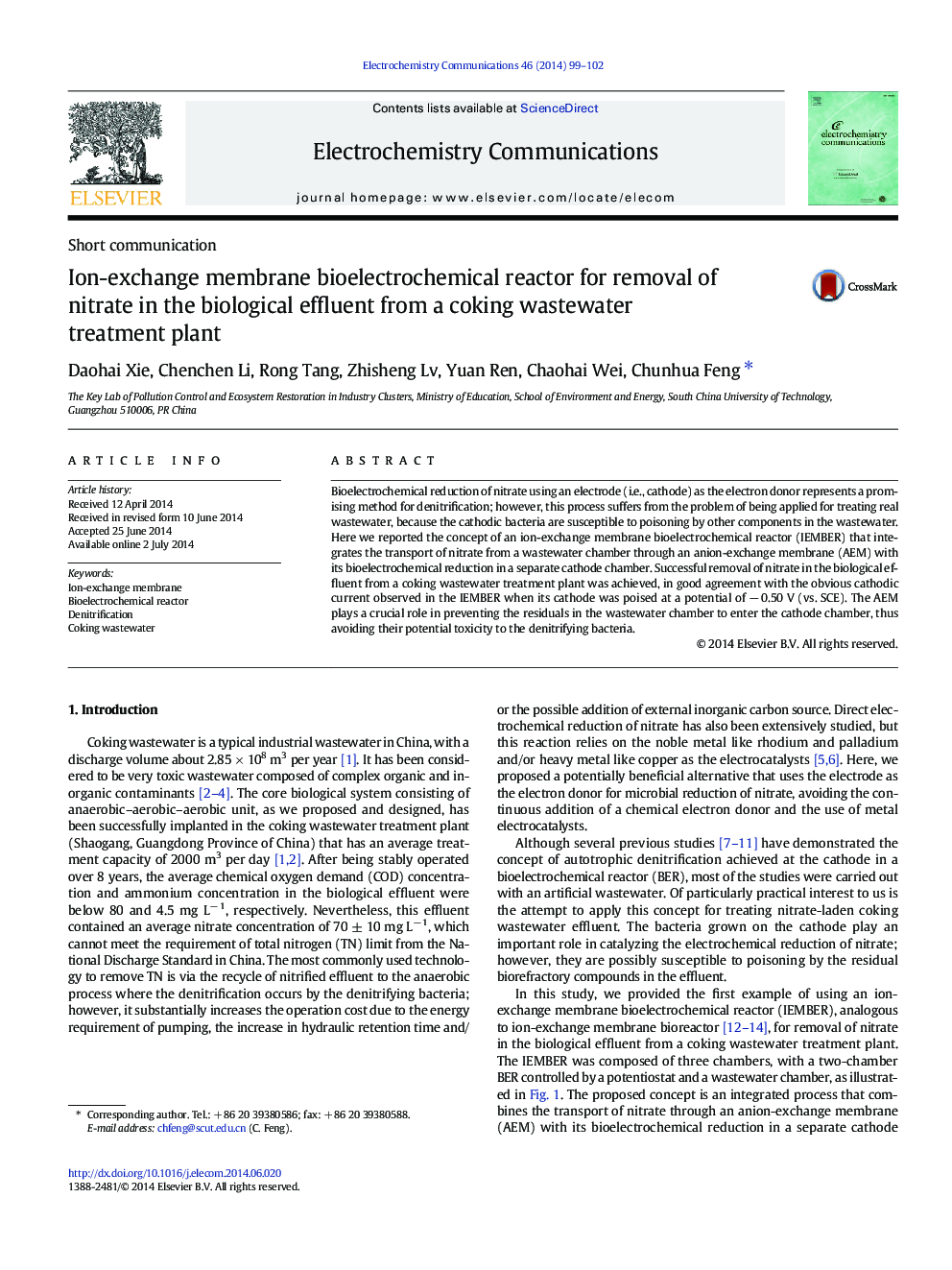 Ion-exchange membrane bioelectrochemical reactor for removal of nitrate in the biological effluent from a coking wastewater treatment plant