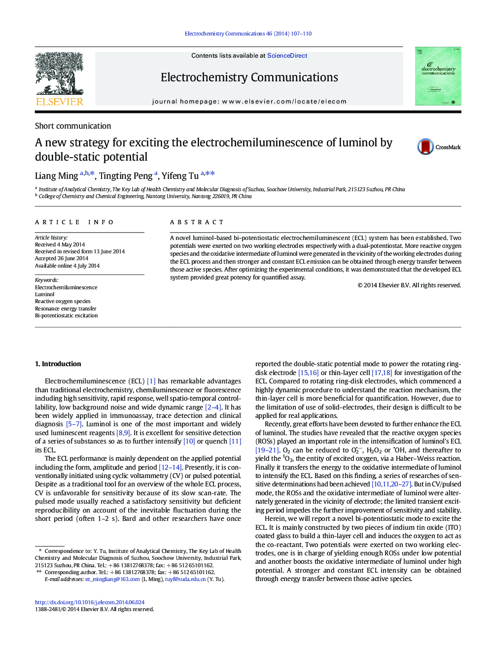 A new strategy for exciting the electrochemiluminescence of luminol by double-static potential