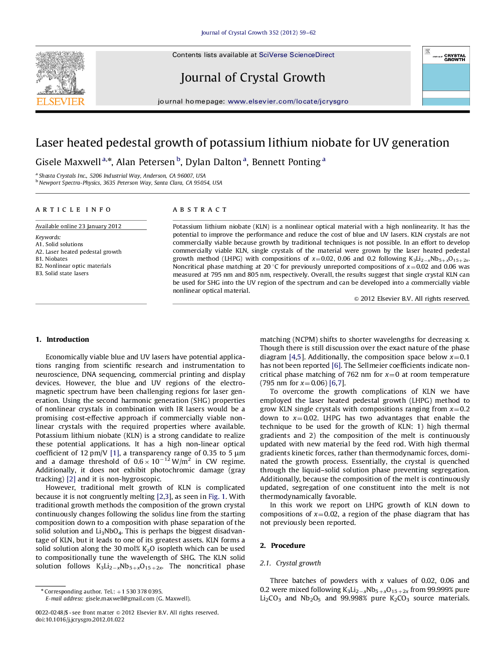 Laser heated pedestal growth of potassium lithium niobate for UV generation