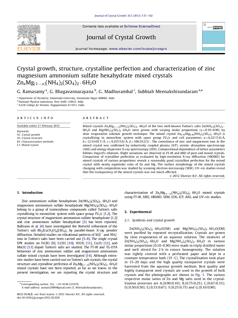 Crystal growth, structure, crystalline perfection and characterization of zinc magnesium ammonium sulfate hexahydrate mixed crystals ZnxMg(1−x)(NH4)2(SO4)2·6H2O