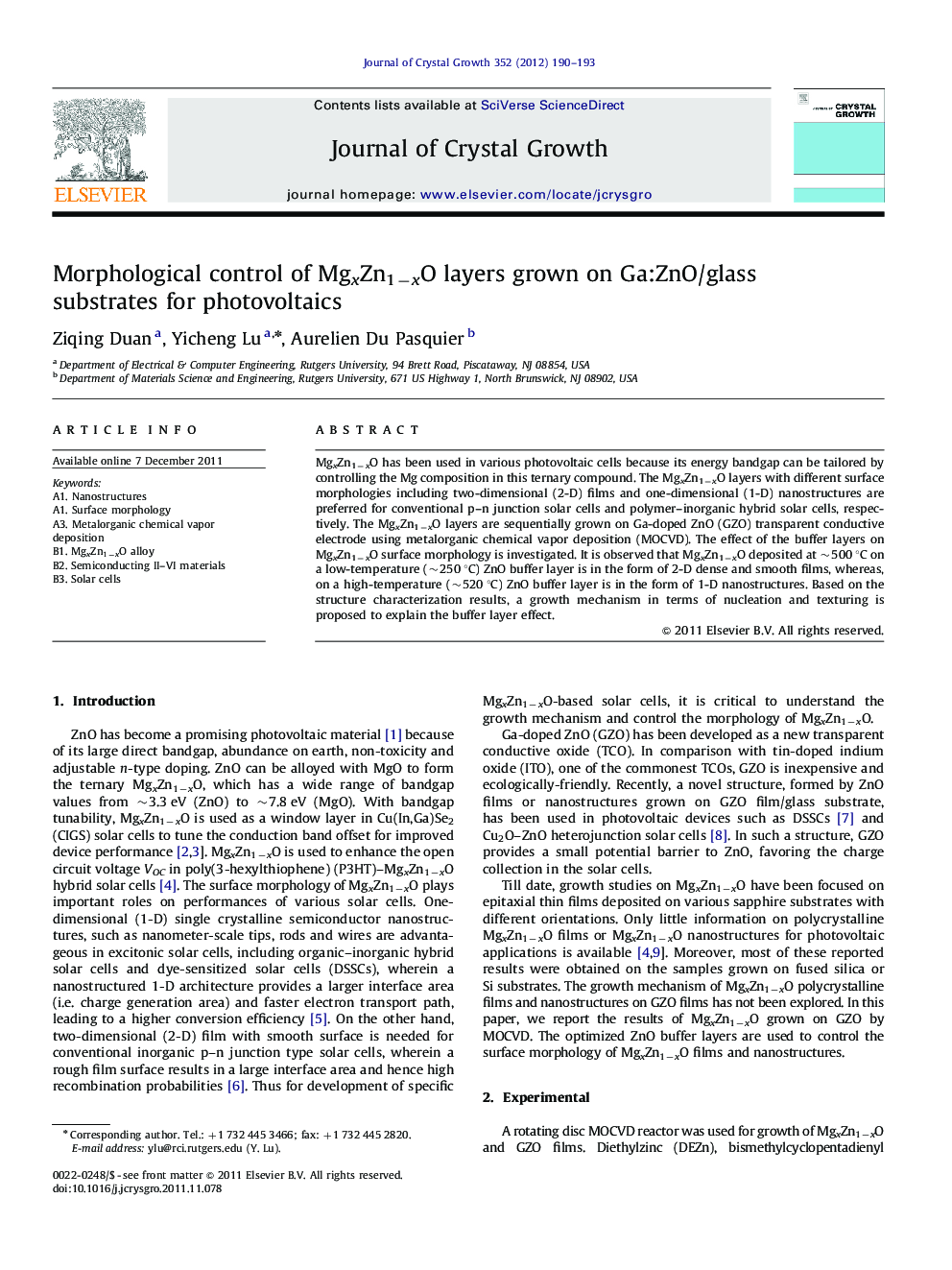 Morphological control of MgxZn1−xO layers grown on Ga:ZnO/glass substrates for photovoltaics