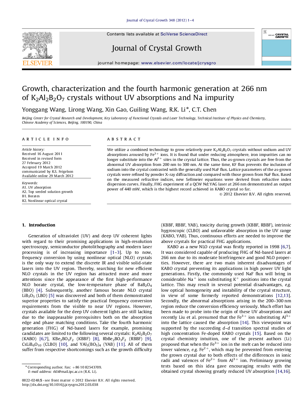 Growth, characterization and the fourth harmonic generation at 266 nm of K2Al2B2O7 crystals without UV absorptions and Na impurity