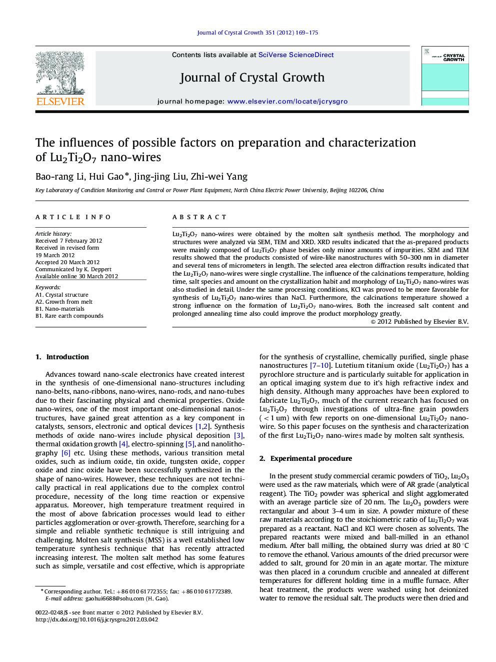 The influences of possible factors on preparation and characterization of Lu2Ti2O7 nano-wires