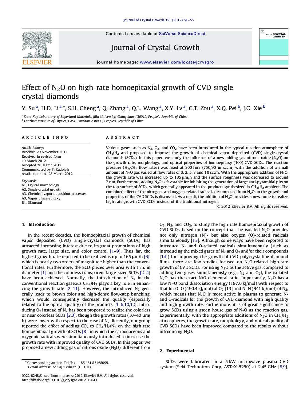 Effect of N2O on high-rate homoepitaxial growth of CVD single crystal diamonds