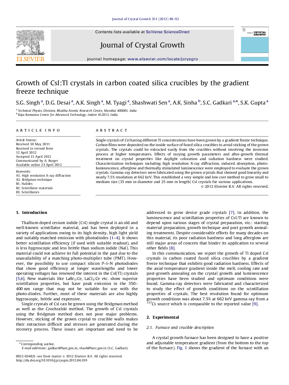 Growth of CsI:Tl crystals in carbon coated silica crucibles by the gradient freeze technique