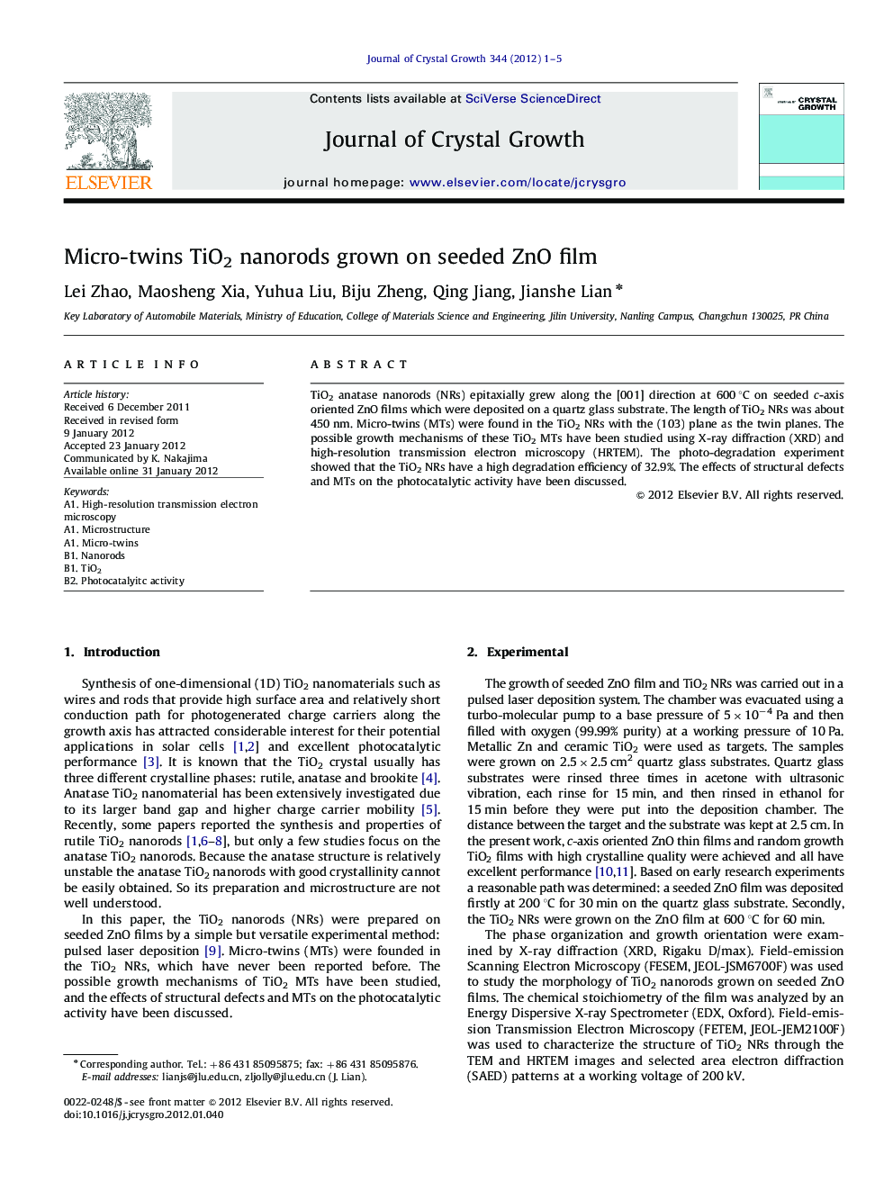 Micro-twins TiO2 nanorods grown on seeded ZnO film