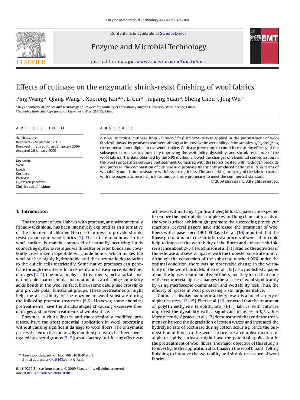 Effects of cutinase on the enzymatic shrink-resist finishing of wool fabrics