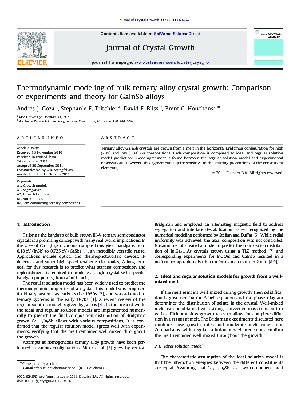 Thermodynamic modeling of bulk ternary alloy crystal growth: Comparison of experiments and theory for GaInSb alloys