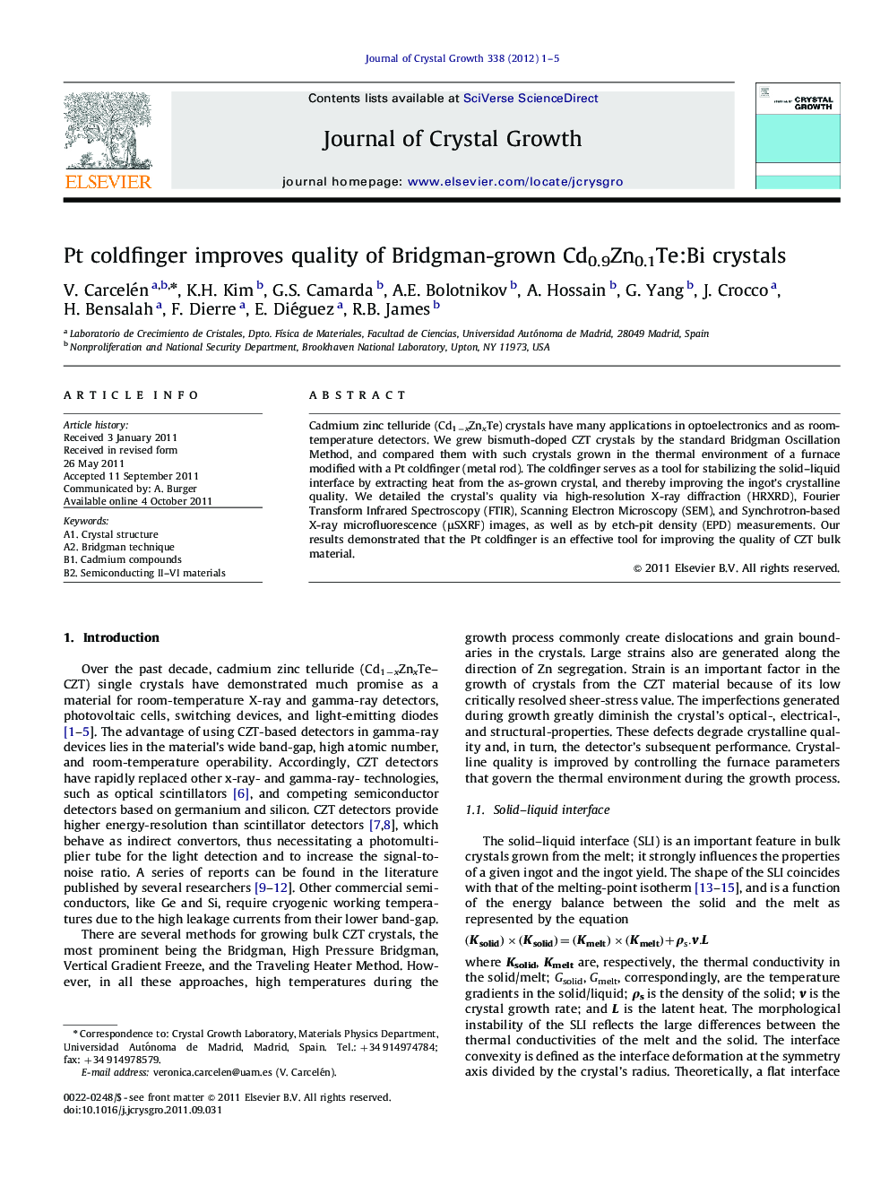 Pt coldfinger improves quality of Bridgman-grown Cd0.9Zn0.1Te:Bi crystals