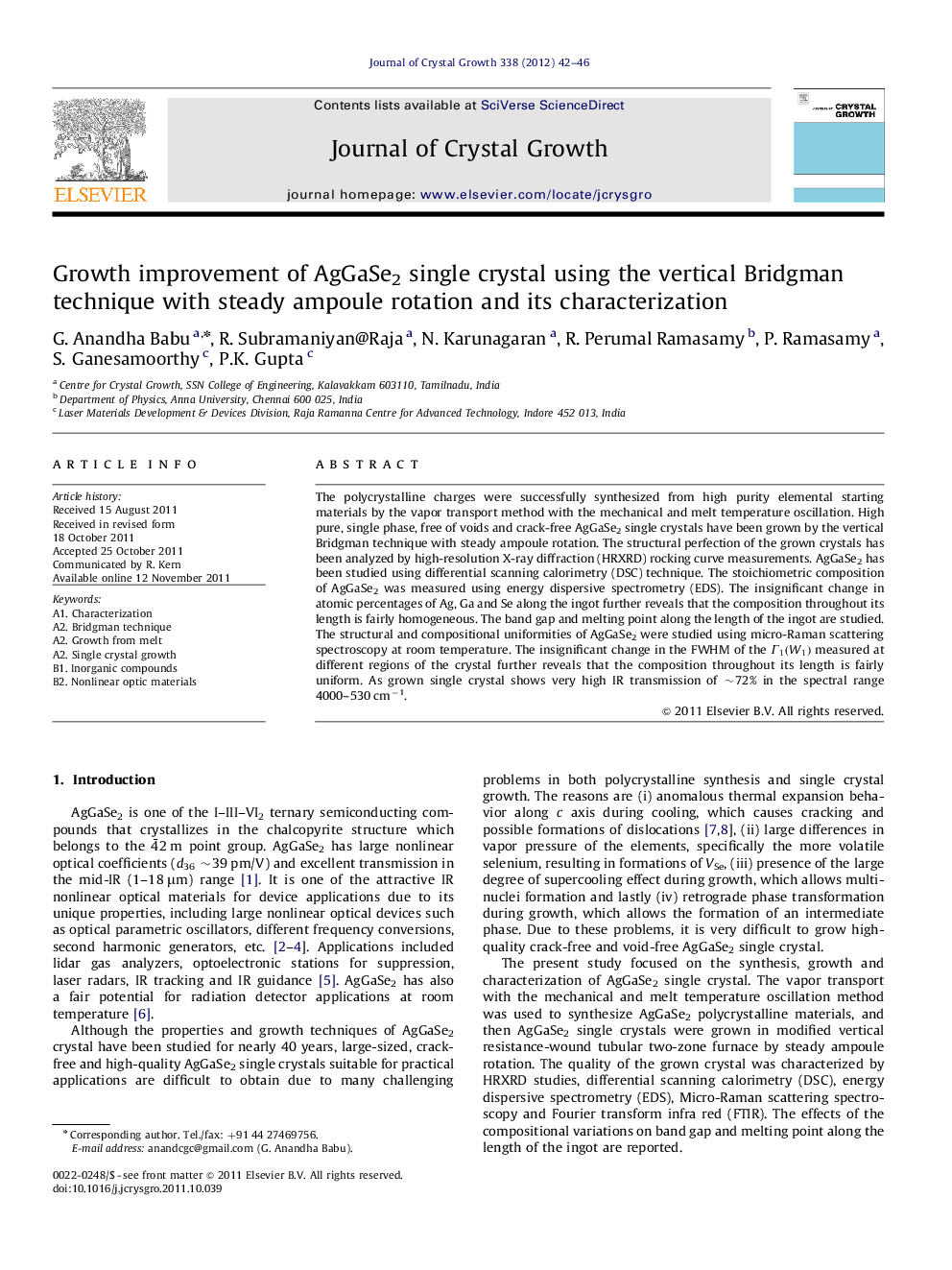 Growth improvement of AgGaSe2 single crystal using the vertical Bridgman technique with steady ampoule rotation and its characterization