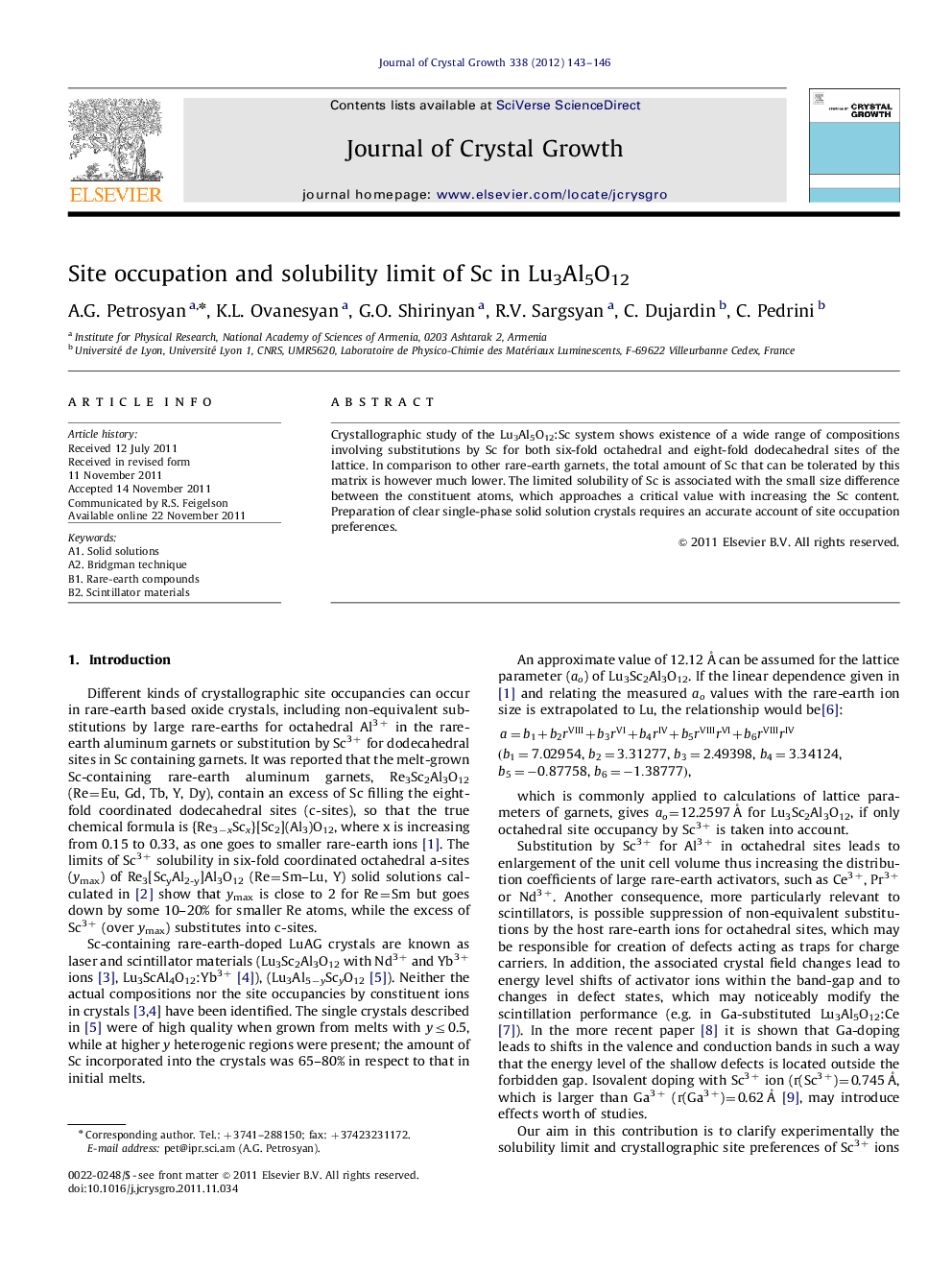 Site occupation and solubility limit of Sc in Lu3Al5O12