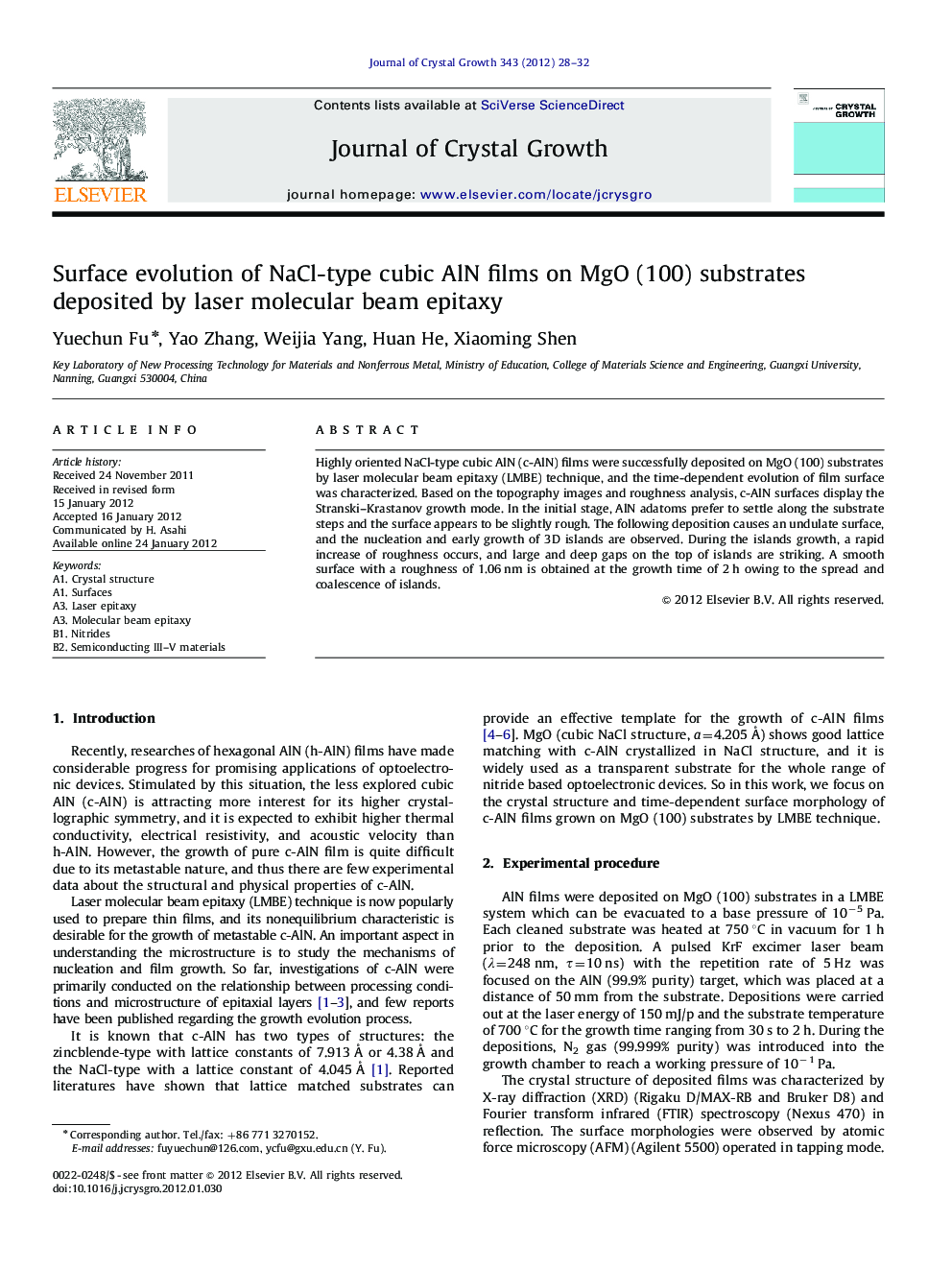 Surface evolution of NaCl-type cubic AlN films on MgO (100) substrates deposited by laser molecular beam epitaxy