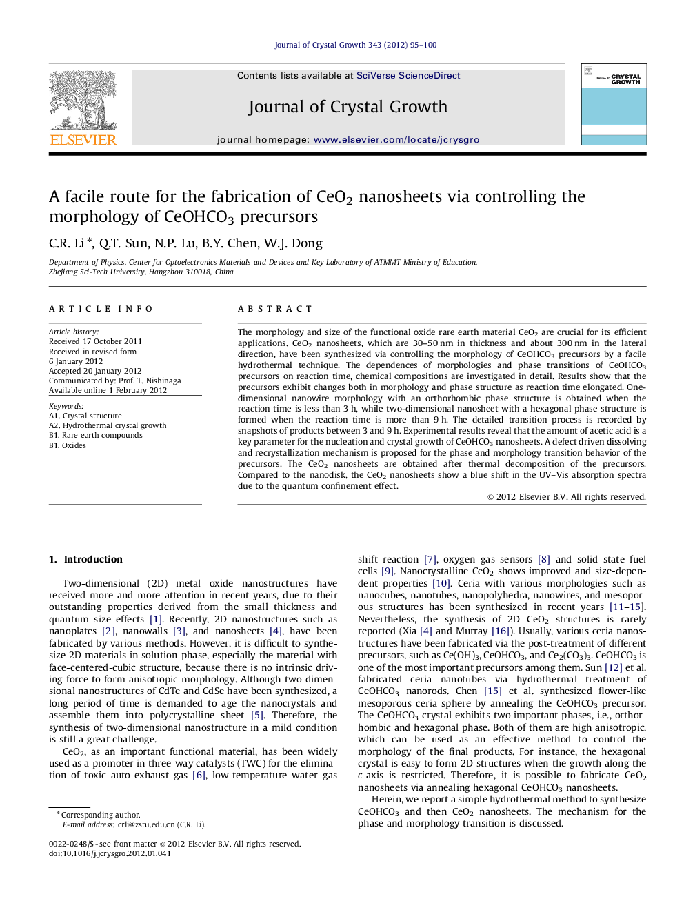 A facile route for the fabrication of CeO2 nanosheets via controlling the morphology of CeOHCO3 precursors