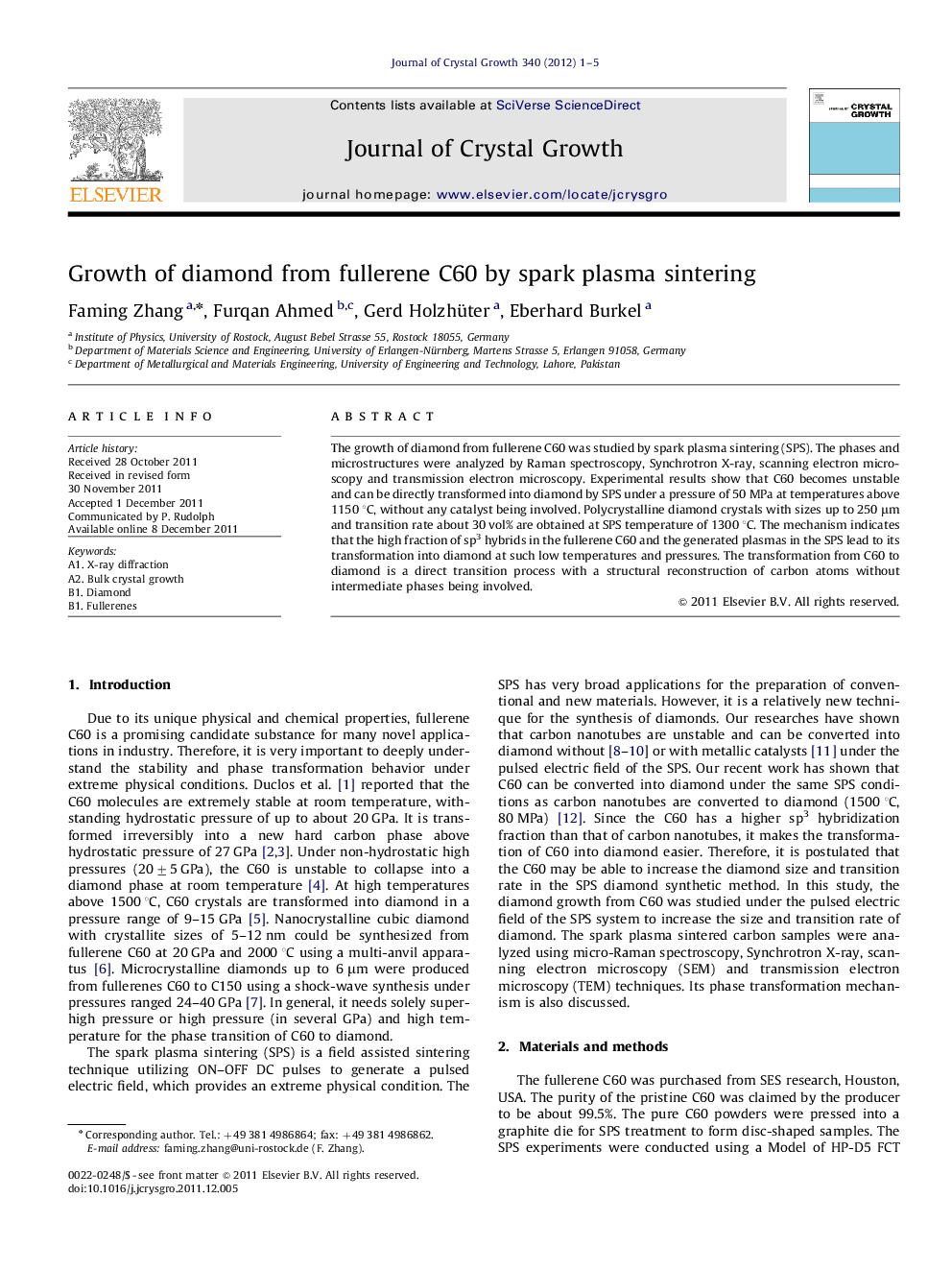 Growth of diamond from fullerene C60 by spark plasma sintering