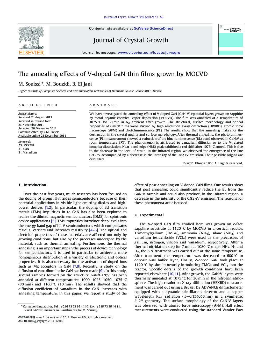 The annealing effects of V-doped GaN thin films grown by MOCVD