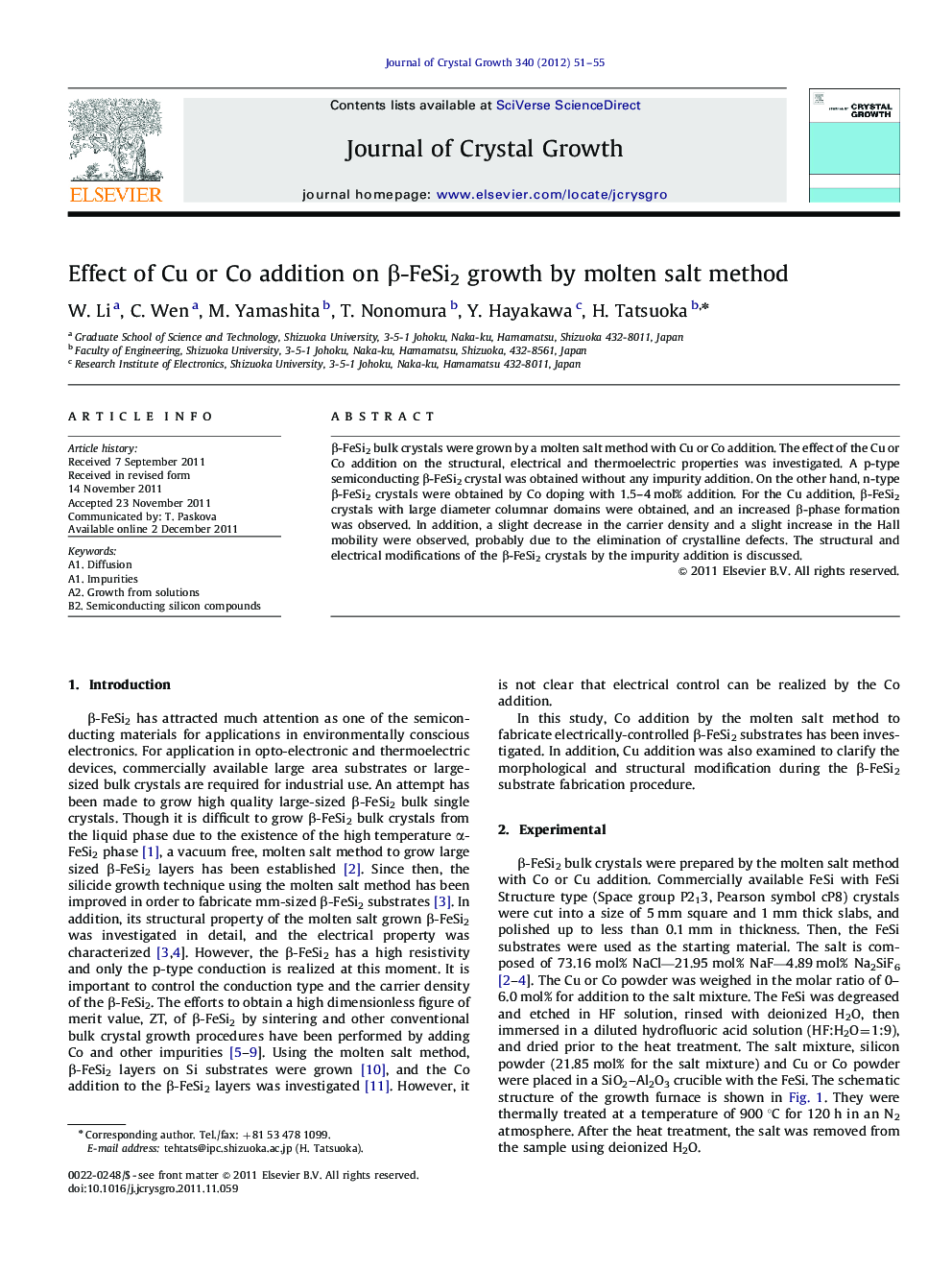 Effect of Cu or Co addition on Î²-FeSi2 growth by molten salt method