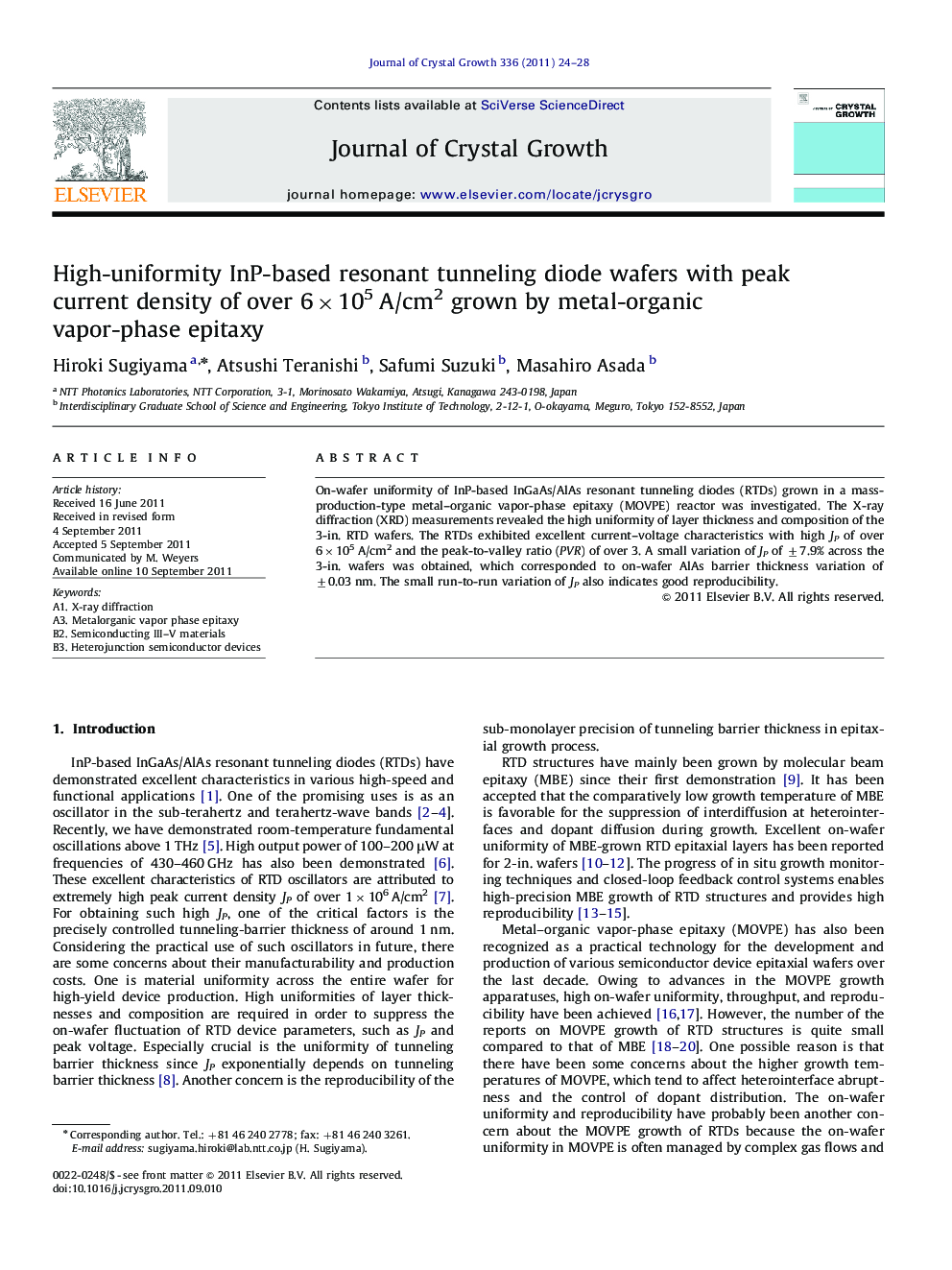 عکس صفحه اول مقاله: High-uniformity InP-based resonant tunneling diode wafers with peak current density of over 6×105 A/cm2 grown by metal-organic vapor-phase epitaxy High-uniformity InP-based resonant tunneling diode wafers with peak current density of over 6×105 A/cm2 grown by metal-organic vapor-phase epitaxy