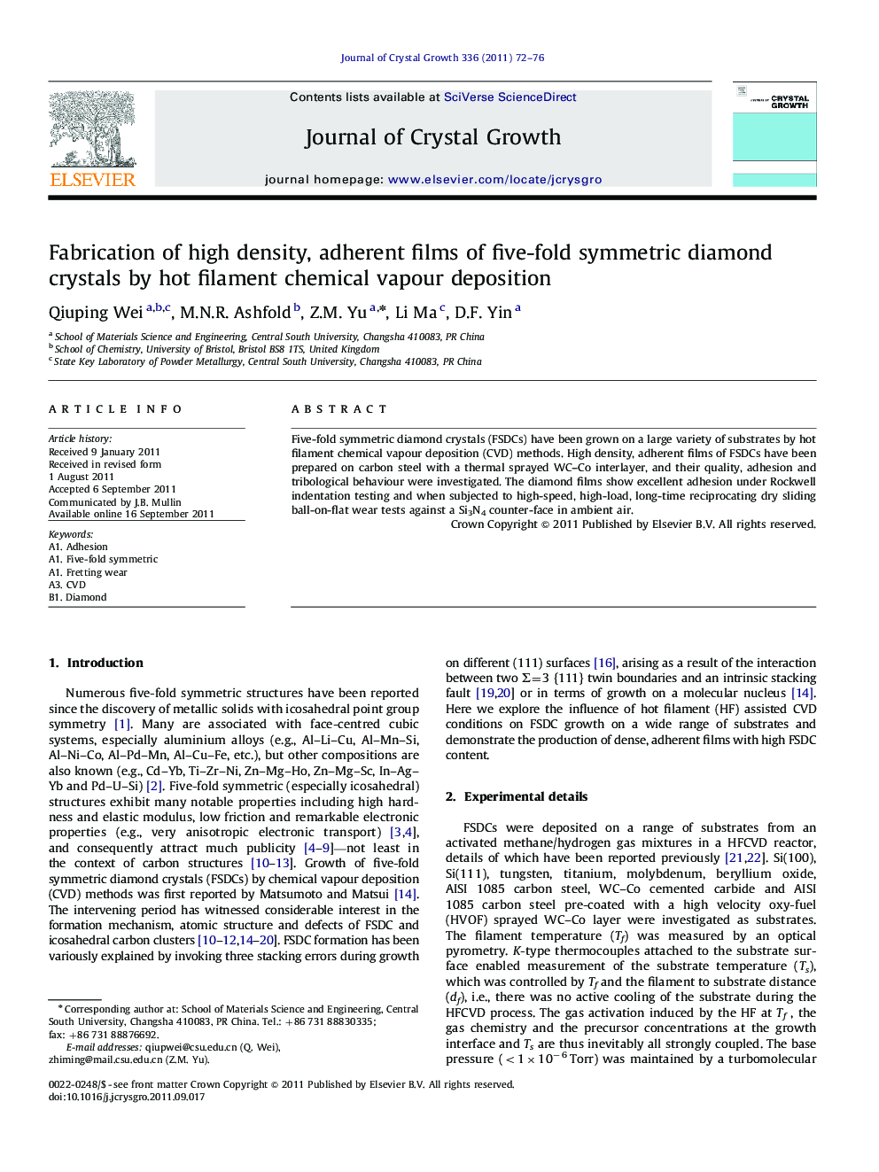 Fabrication of high density, adherent films of five-fold symmetric diamond crystals by hot filament chemical vapour deposition