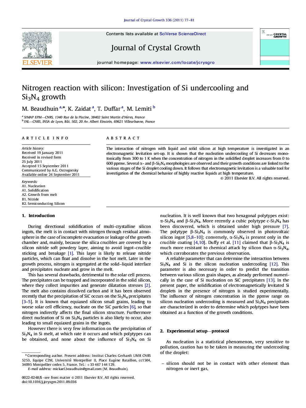 Nitrogen reaction with silicon: Investigation of Si undercooling and Si3N4 growth