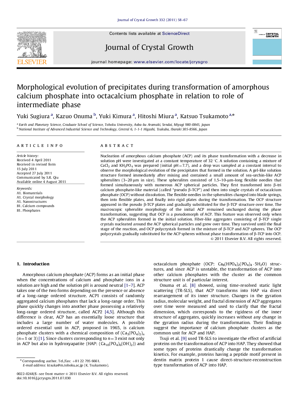 Morphological evolution of precipitates during transformation of amorphous calcium phosphate into octacalcium phosphate in relation to role of intermediate phase