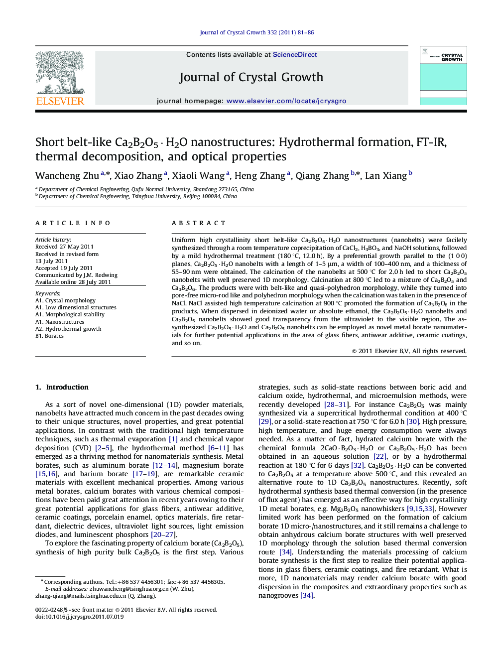 Short belt-like Ca2B2O5Â·H2O nanostructures: Hydrothermal formation, FT-IR, thermal decomposition, and optical properties