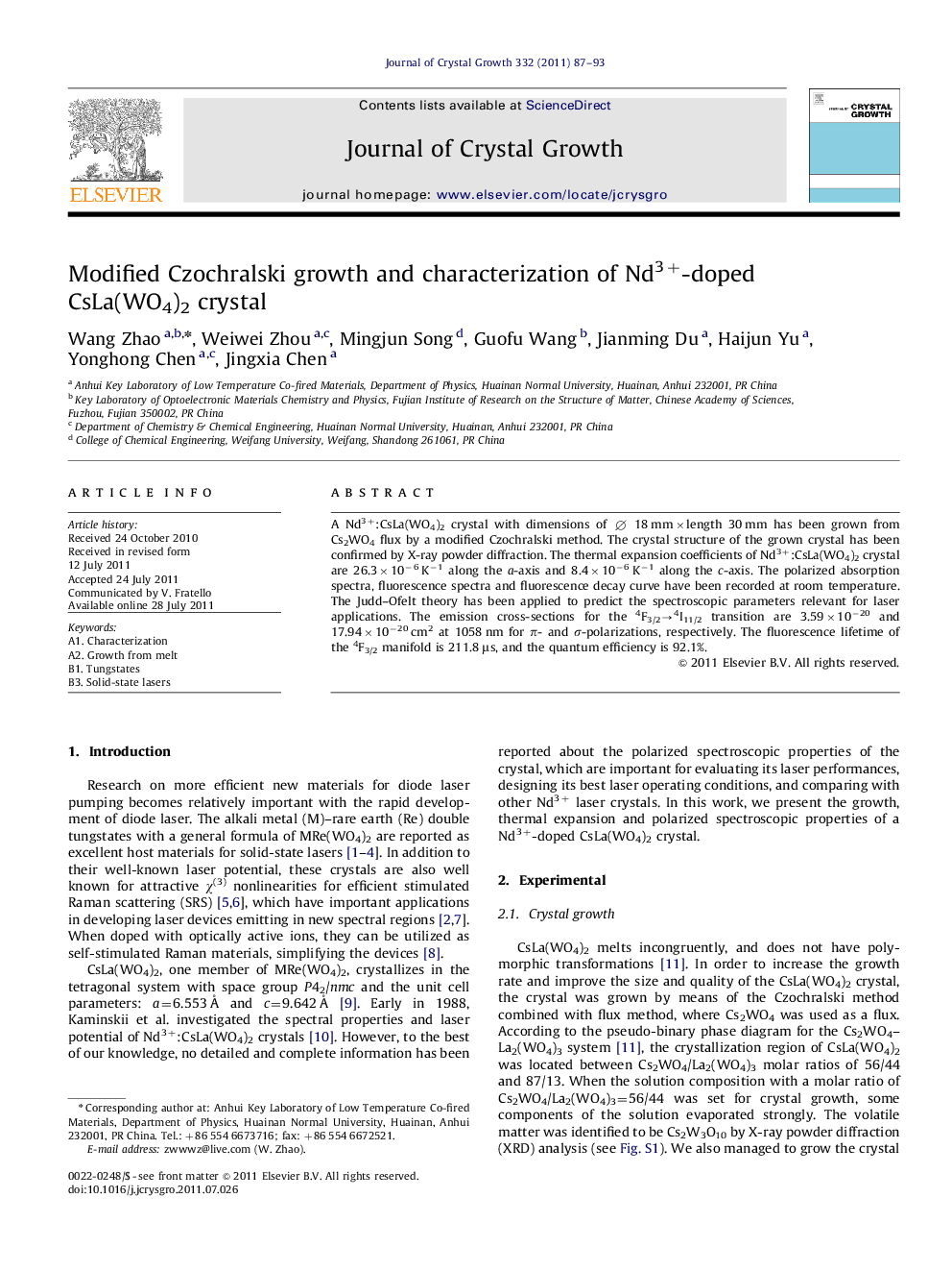 Modified Czochralski growth and characterization of Nd3+-doped CsLa(WO4)2 crystal