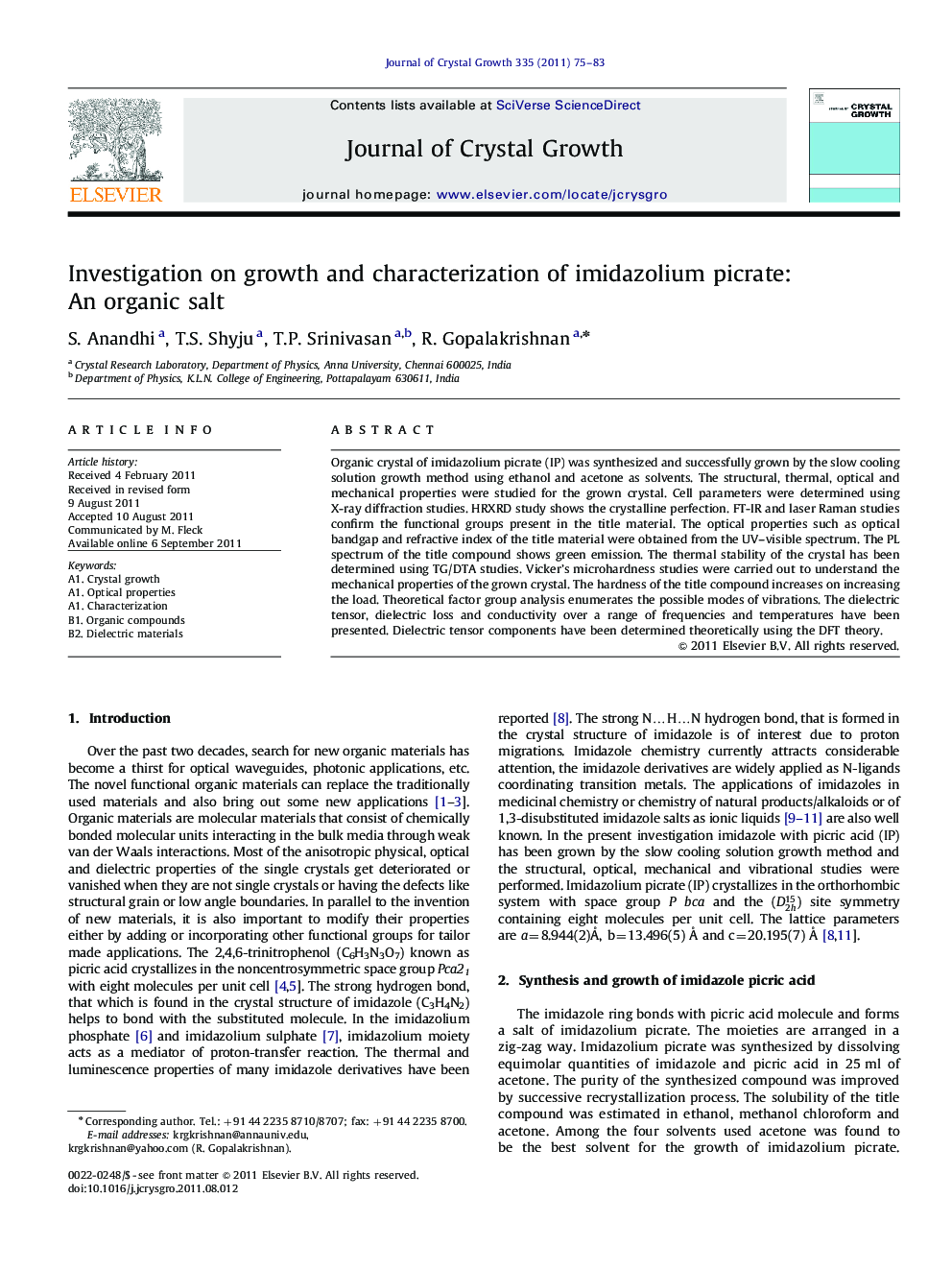 Investigation on growth and characterization of imidazolium picrate: An organic salt